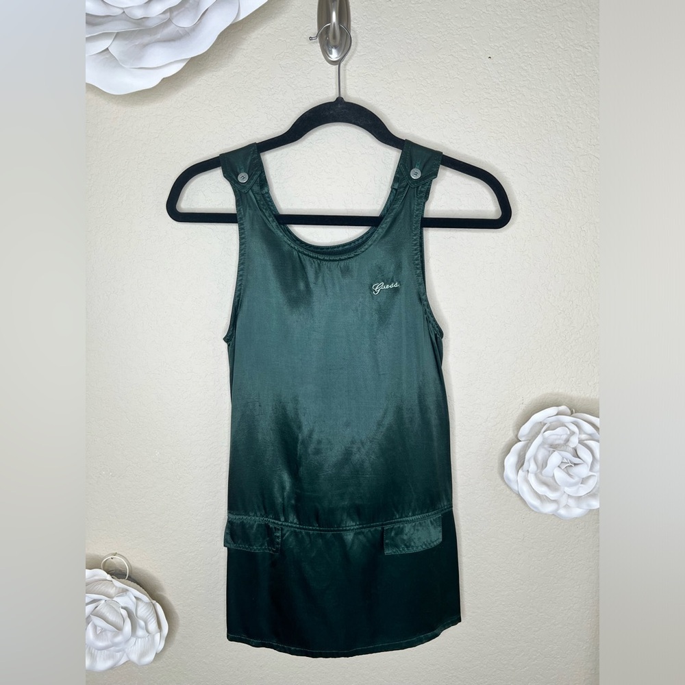 Vintage Guess Girls Emerald Satin Jumper Dress 90s Logo Size 10 Rare